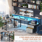 Unikito L Shaped Desk with File Drawer, 66" Reversible L Shaped Computer Desk with Power Outlet & LED Strip, Gaming Desk with Long Monitor Stand, Office Desk Corner Desk with Storage Shelf