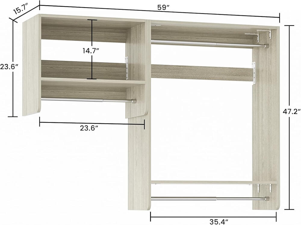 36'' - 60'' Closet System, 5FT Walk in Closet Organizer Starter Kit with 3 Hanging Rods and 3 Shelves, Cut Be Cut to Fit, Max Load 800 LBS