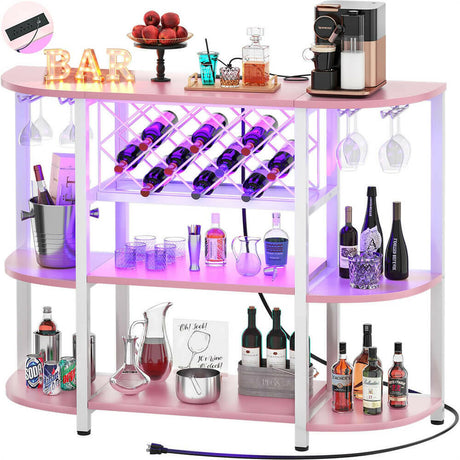Unikito 4-Tier Metal Coffee Bar Cabinet with Outlet and LED Light, Freestanding Floor Table for Liquor Glass Holder Wine Rack Storage, Bakers Kitchen Dining Room