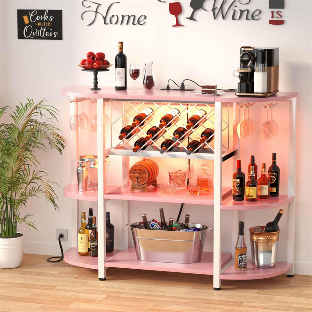 Unikito 4-Tier Metal Coffee Bar Cabinet with Outlet and LED Light, Freestanding Floor Table for Liquor Glass Holder Wine Rack Storage, Bakers Kitchen Dining Room