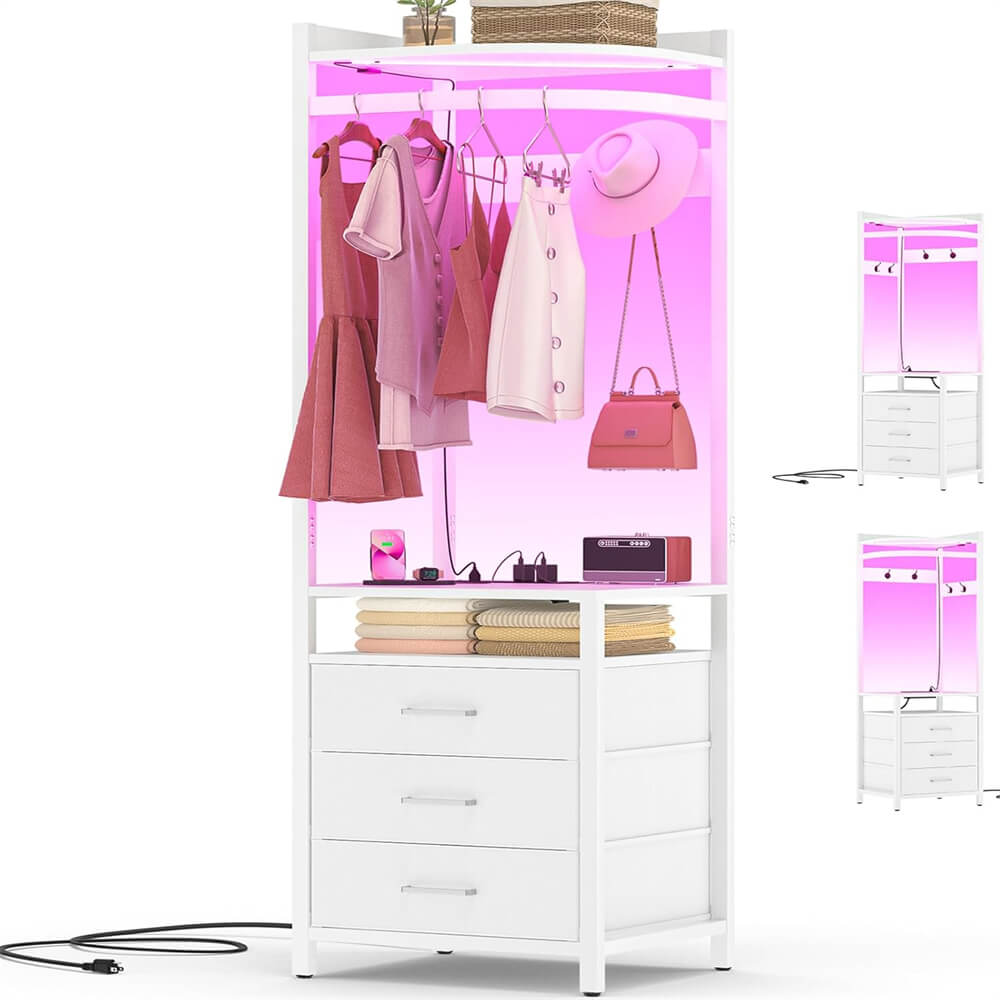 Corner Dresser with Clothes Rack, 70'' Tall Dresser with Drawers, Power Outlets, and LED Lights