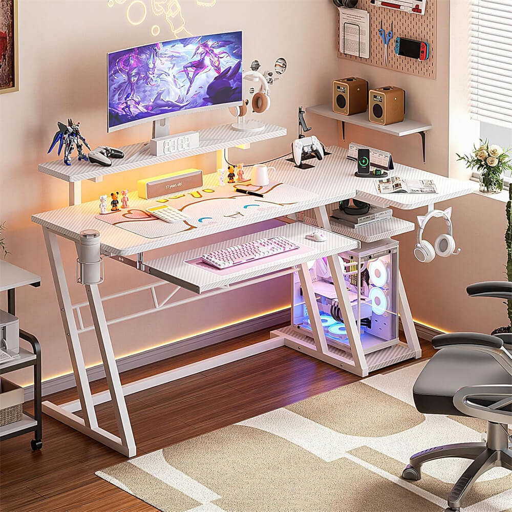 47'' Gaming Desk with Power Outlets and LED Lights, L Shaped Gaming Desk with Keyboard Holder