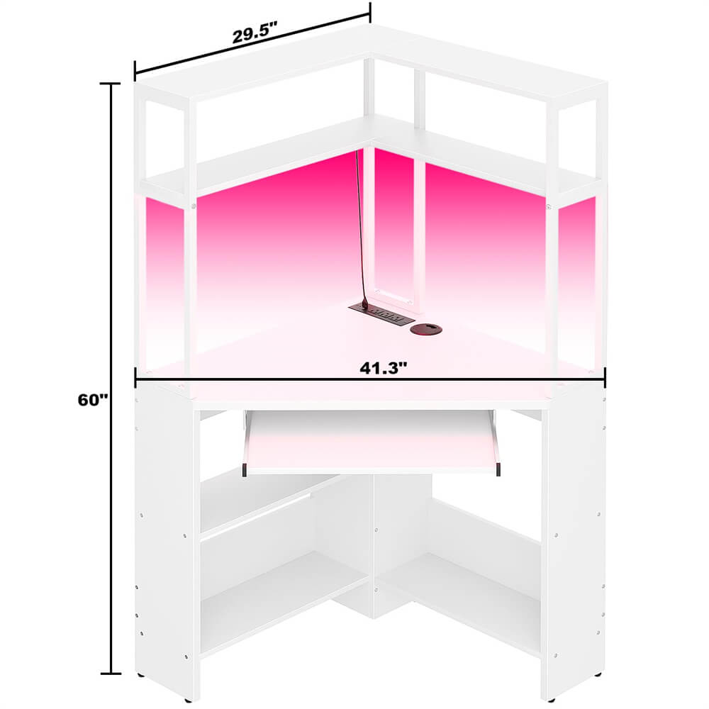 Unikito Small Corner Desk with Hutch, Corner Computer Desk with Power Outlets & LED Light, Triangle Corner Gaming Desk with Keyboard Tray, Corner Table for Home Office, Small Space