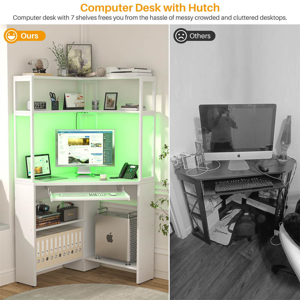 Unikito Small Corner Desk with Hutch, Corner Computer Desk with Power Outlets & LED Light, Triangle Corner Gaming Desk with Keyboard Tray, Corner Table for Home Office, Small Space