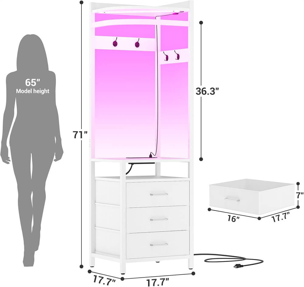 Corner Dresser with Clothes Rack, 70'' Tall Dresser with Drawers, Power Outlets, and LED Lights