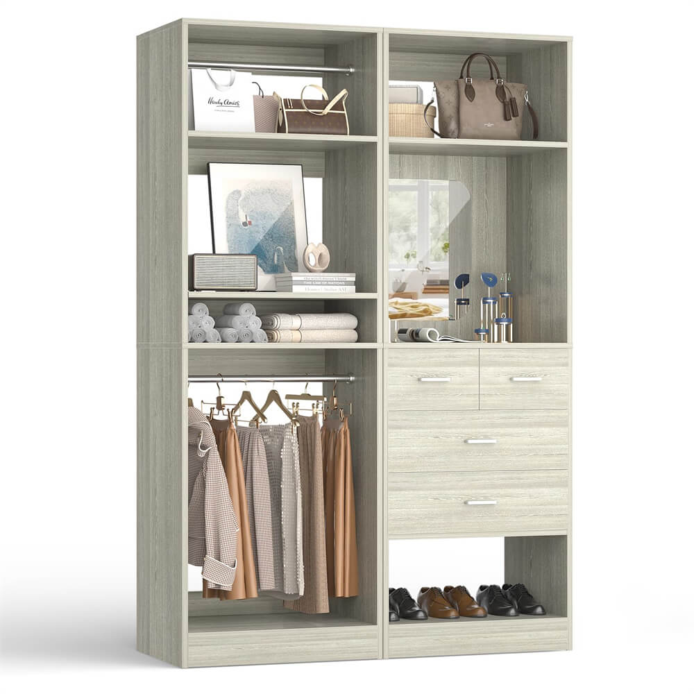 Unikito 2-in-1 50'' Closet System, Freestanding Closet Organizer with Hanging Rods and Drawers, Adjustable Clothes Garment Rack with Mirror, Sturdy Walk in Closet Tower for Bedroom, Mudroom, Entryway