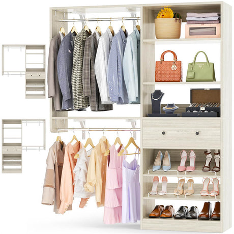 5FT Closet System with Drawer, Reversible Wood Closet Organizer with Hanging Rods, Hanging Shelves, and Shoe Rack