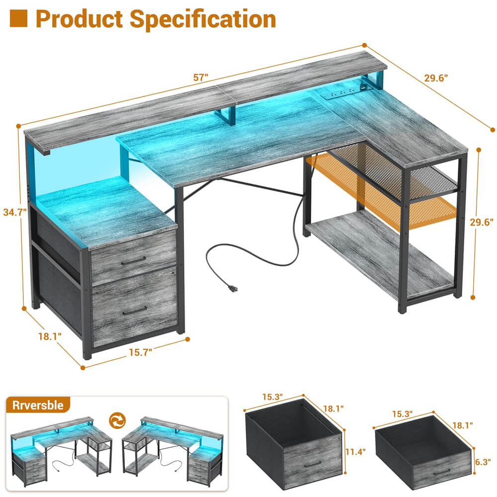 Reversible L Shaped Computer Desk Gaming Desk with File Drawer,  Power Outlet & LED Strip