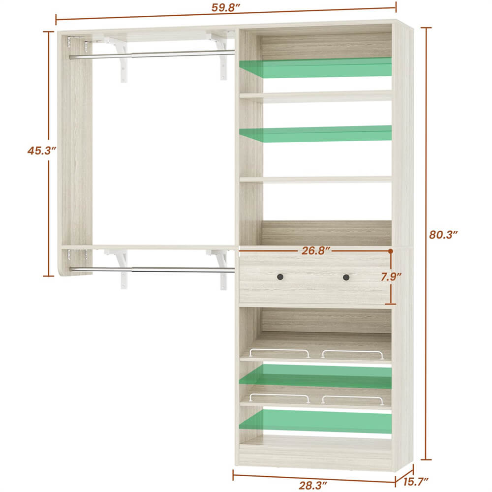 5FT Closet System with Drawer, Reversible Wood Closet Organizer with Hanging Rods, Hanging Shelves, and Shoe Rack