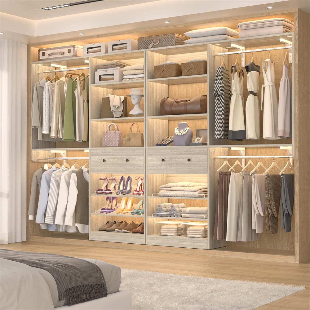 5FT Closet System with Drawer, Reversible Wood Closet Organizer with Hanging Rods, Hanging Shelves, and Shoe Rack