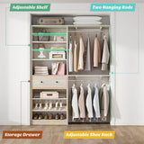 5FT Closet System with Drawer, Reversible Wood Closet Organizer with Hanging Rods, Hanging Shelves, and Shoe Rack