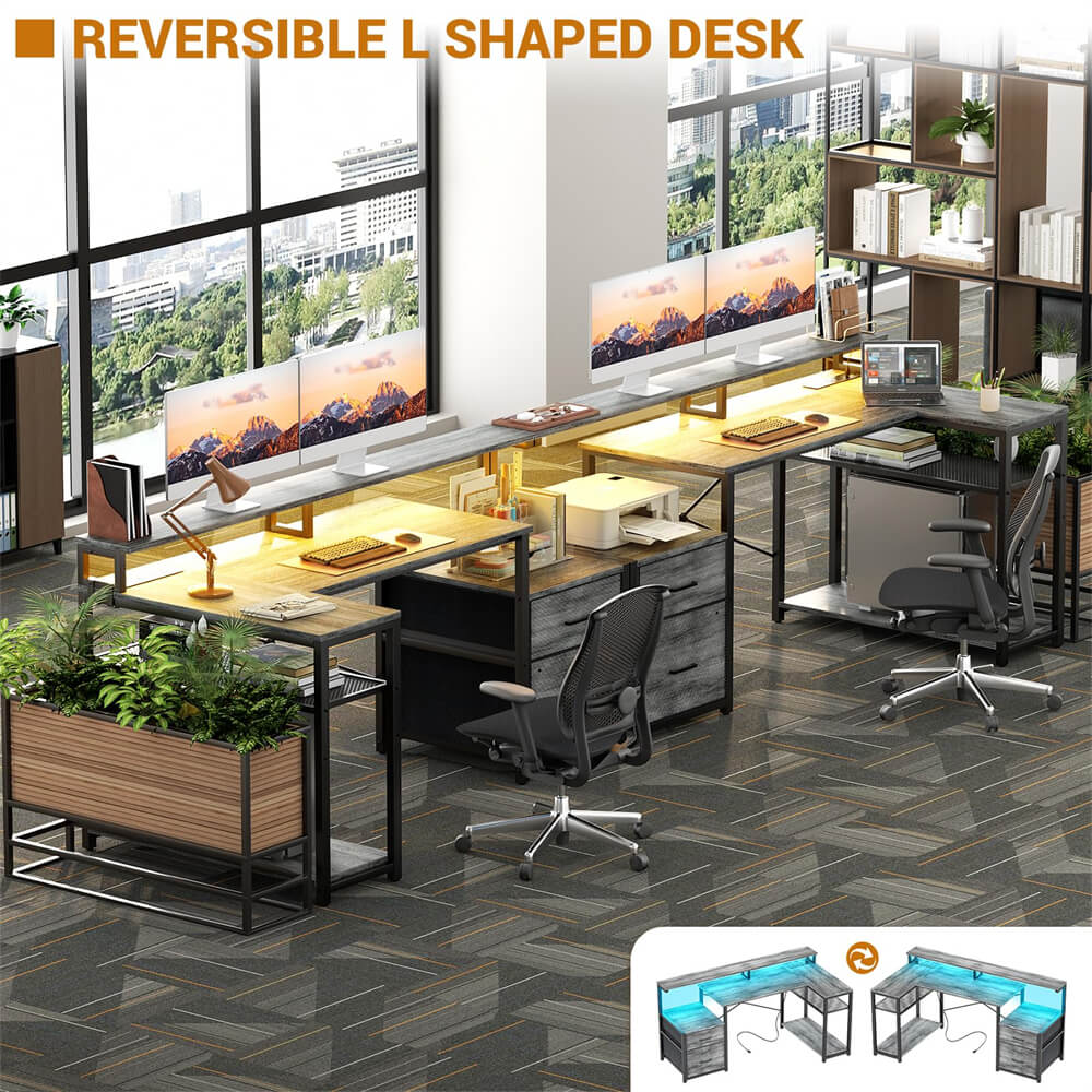 Reversible L Shaped Computer Desk Gaming Desk with File Drawer,  Power Outlet & LED Strip