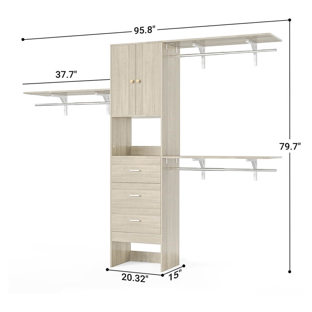 96 Inch Closet System with 3 Wood Drawers, 8FT Closet Organizer with Doors and 3 Shelve Towers, 1000 LBS Load, 96" L x 16" W x 75" H