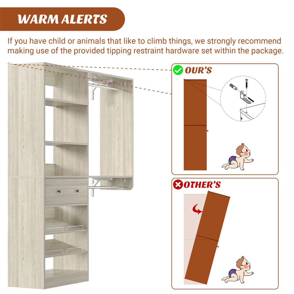 5FT Closet System with Drawer, Reversible Wood Closet Organizer with Hanging Rods, Hanging Shelves, and Shoe Rack