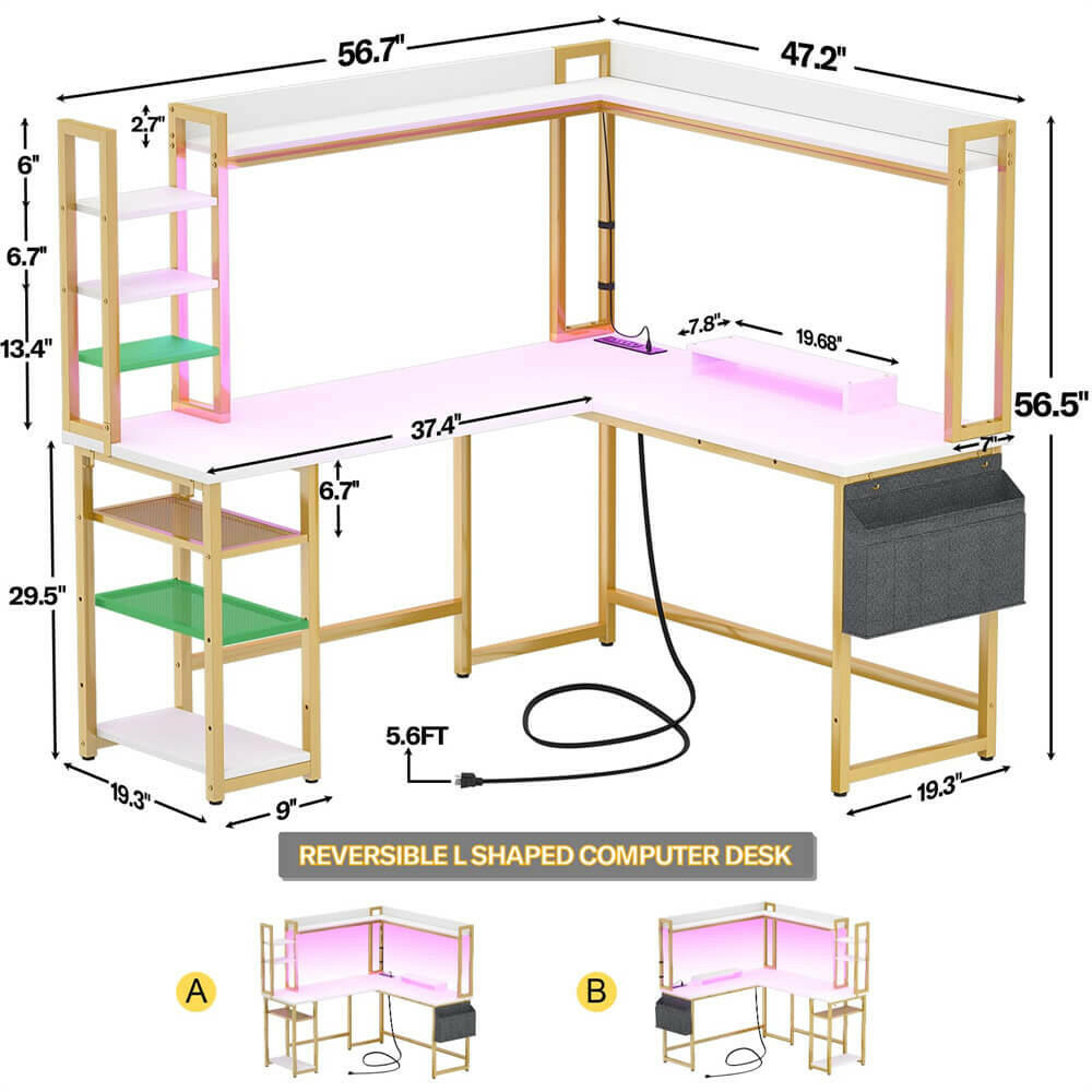 Unikito L Shaped Desk with Power Outlet, L Shaped Gaming Desk with Led Light & Hutch, Reversible Home Office Desk, Corner Computer Desk Writing Desk with Monitor Stand & Storage Shelves