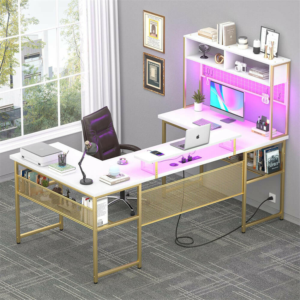 Unikito U Shaped Desk with Hutch, Reversible L Shaped Computer Desk with Power Outlets and LED Strip, Large Office Table with Monitor Stand and Storage Shelves, 83 Inch U Shape Gaming Desk