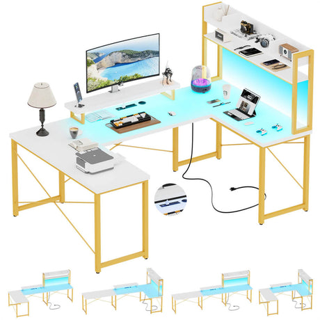 Unikito U Shaped Desk with Hutch, Reversible L Shaped Computer Desk with Power Outlets and LED Strip, Large Office Table with Monitor Stand, Large U Shape Gaming Desk