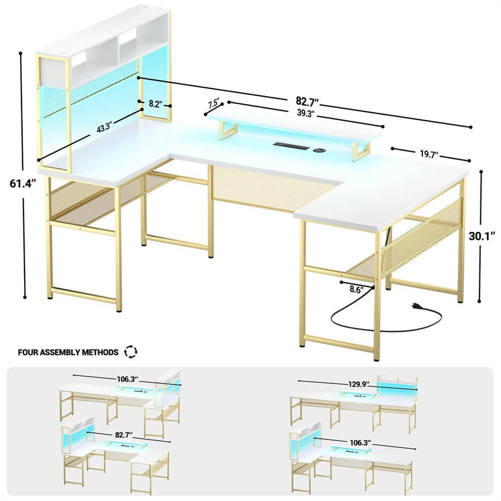 Unikito U Shaped Desk with Hutch, Reversible L Shaped Computer Desk with Power Outlets and LED Strip, Large Office Table with Monitor Stand and Storage Shelves, 83 Inch U Shape Gaming Desk