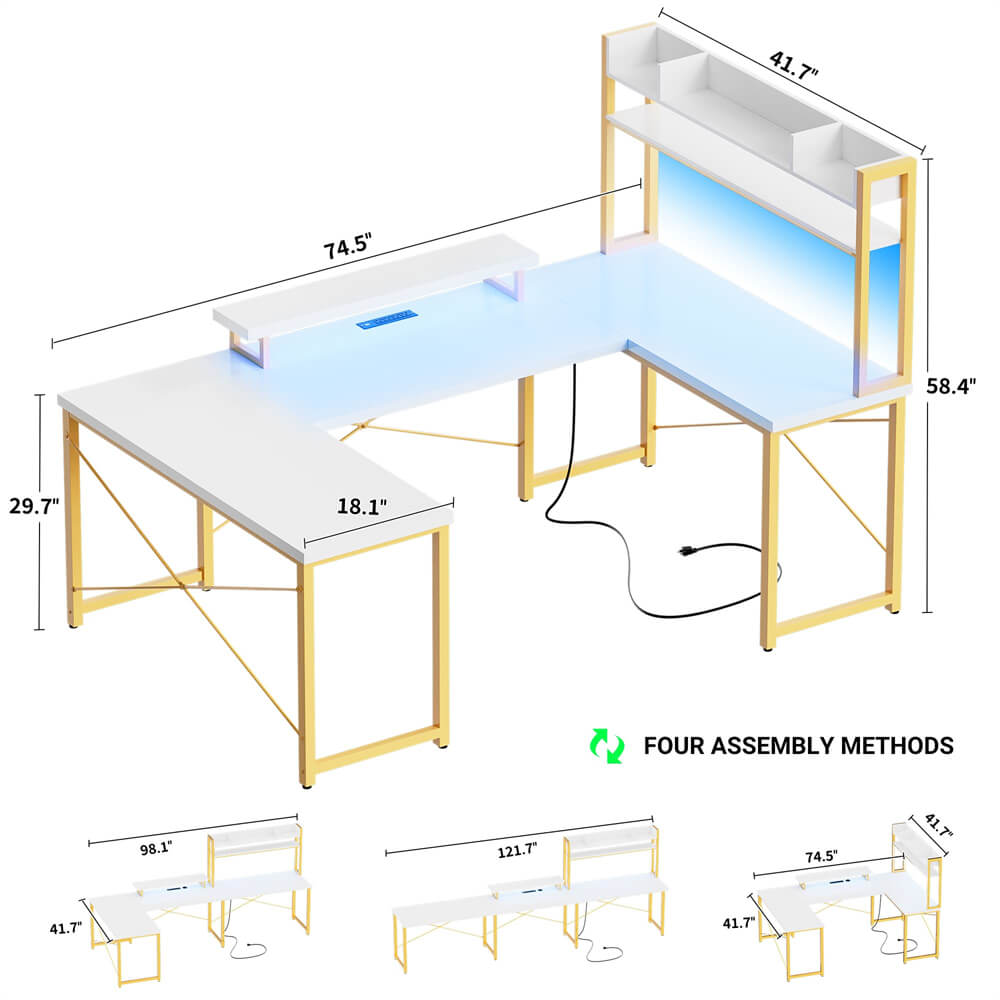 Unikito U Shaped Desk with Hutch, Reversible L Shaped Computer Desk with Power Outlets and LED Strip, Large Office Table with Monitor Stand, Large U Shape Gaming Desk