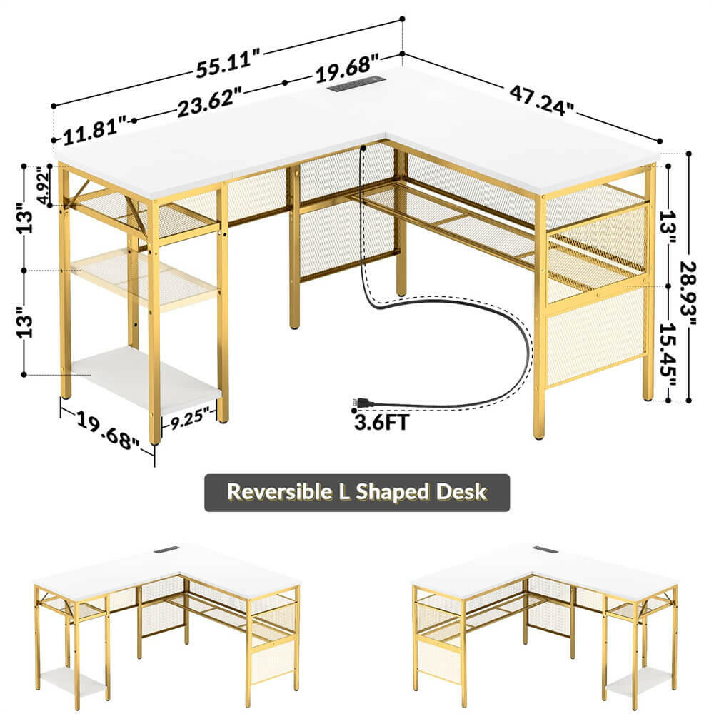 Unikito L Shaped Computer Desk with Power Outlet and USB Charging Port, Reversible L-Shaped Office Desks with Storage Shelves, Unique Grid Design, 2 Person Corner Desk for Home Office