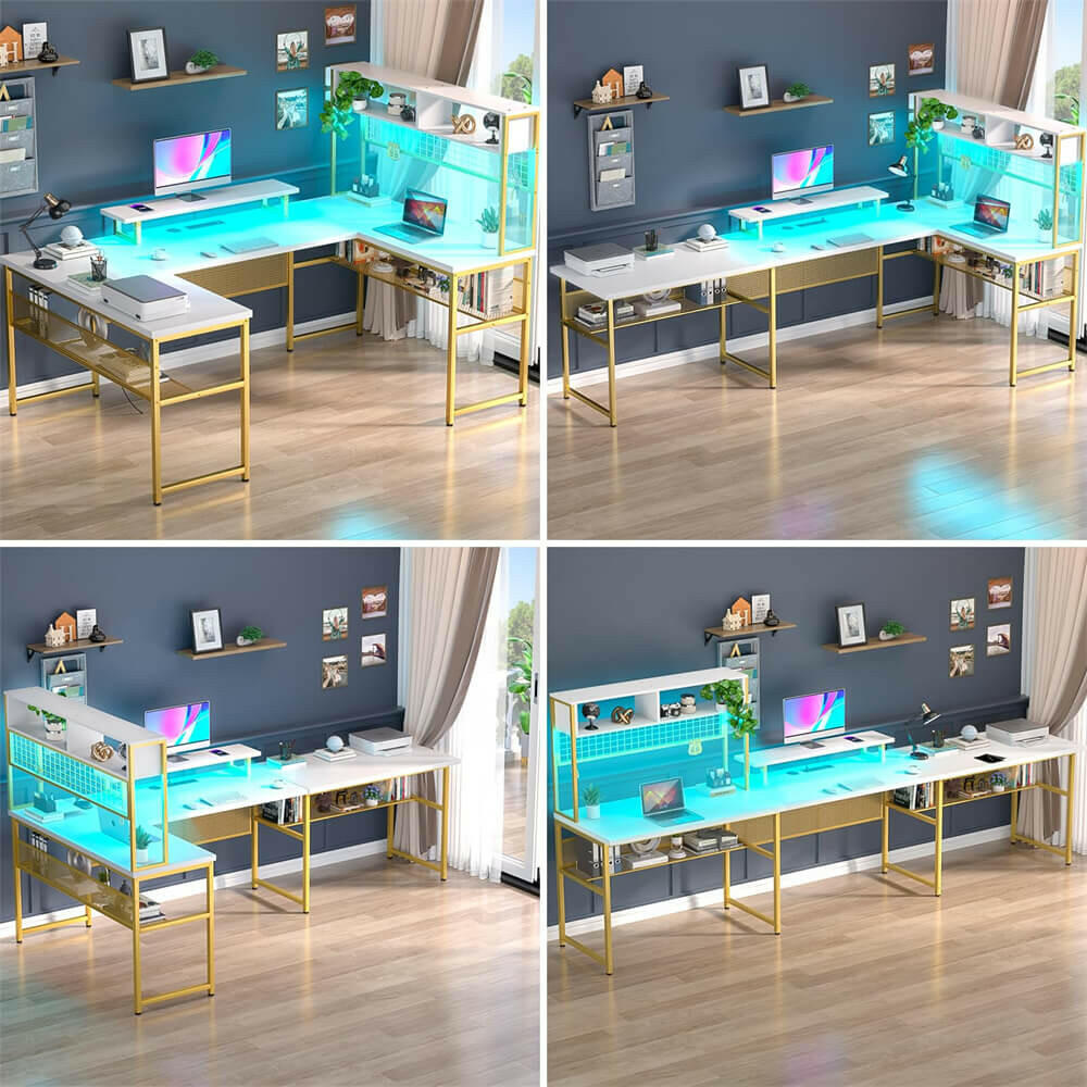 Unikito U Shaped Desk with Hutch, Reversible L Shaped Computer Desk with Power Outlets and LED Strip, Large Office Table with Monitor Stand and Storage Shelves, 83 Inch U Shape Gaming Desk