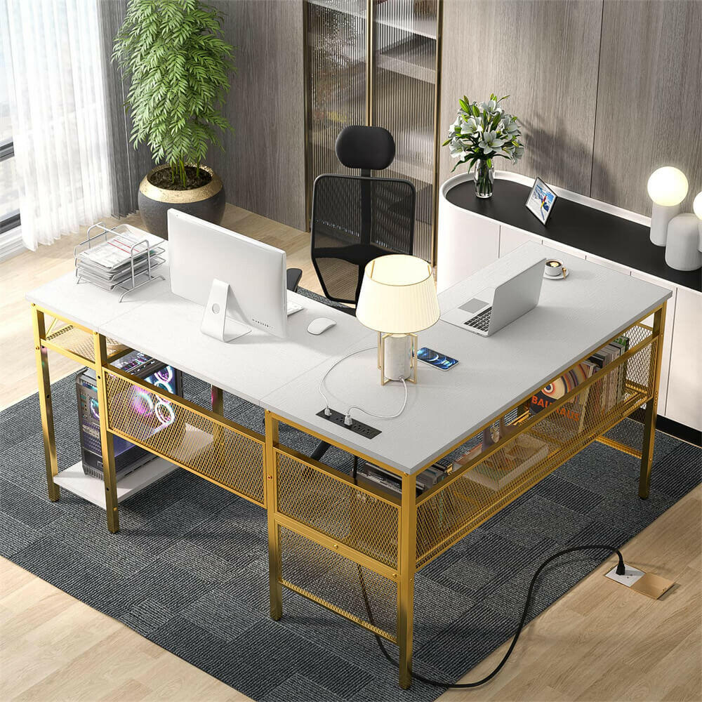 Unikito L Shaped Computer Desk with Power Outlet and USB Charging Port, Reversible L-Shaped Office Desks with Storage Shelves, Unique Grid Design, 2 Person Corner Desk for Home Office