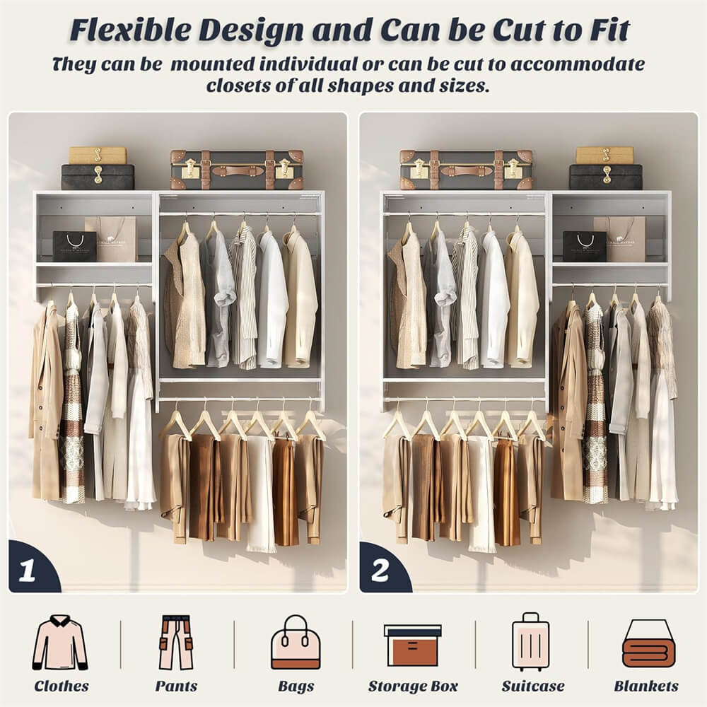 36'' - 60'' Closet System, 5FT Walk in Closet Organizer Starter Kit with 3 Hanging Rods and 3 Shelves, Cut Be Cut to Fit, Max Load 800 LBS