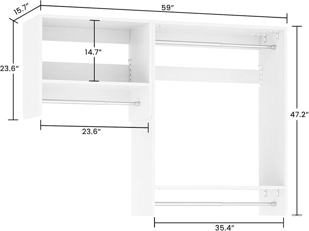 36'' - 60'' Closet System, 5FT Walk in Closet Organizer Starter Kit with 3 Hanging Rods and 3 Shelves, Cut Be Cut to Fit, Max Load 800 LBS