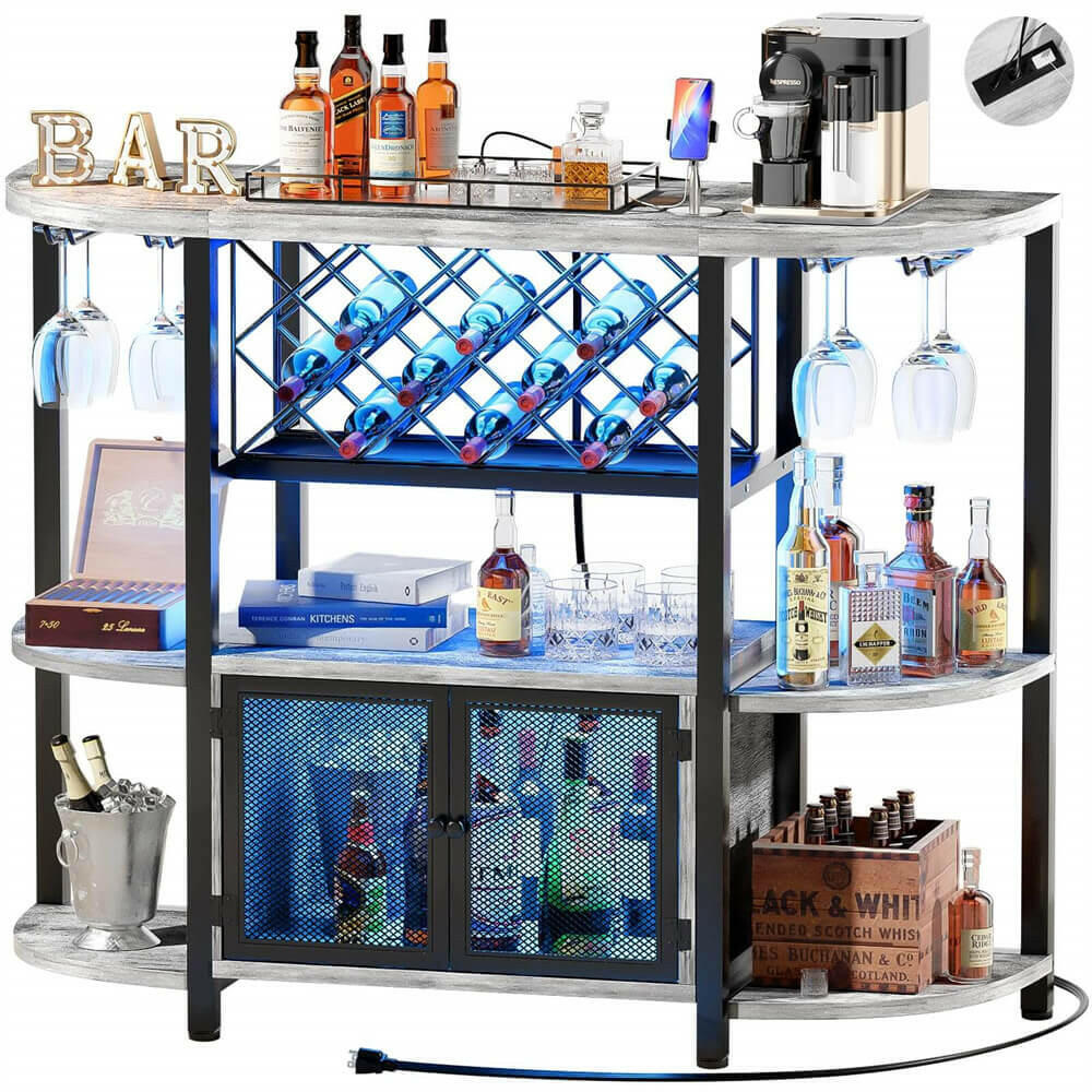 Unikito Gold Liquor Bar with LED Light, Wine Cabinet with Outlet, Freestanding Wine Rack Table with Door, Coffee Bar Cabinet for Liquor and Glass, Floor Bar Table Stand with Wine Storage Rack