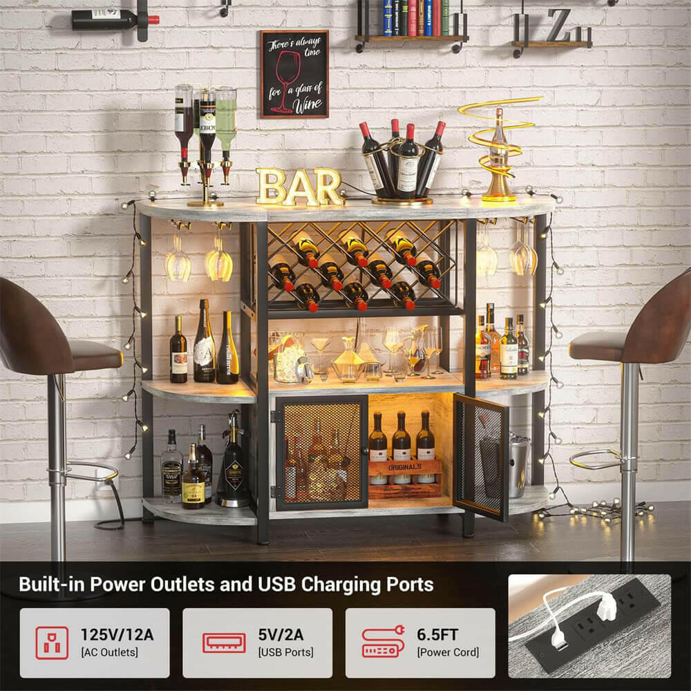 Unikito Gold Liquor Bar with LED Light, Wine Cabinet with Outlet, Freestanding Wine Rack Table with Door, Coffee Bar Cabinet for Liquor and Glass, Floor Bar Table Stand with Wine Storage Rack