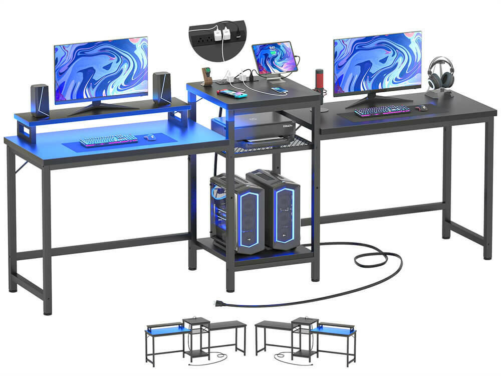 Unikito Double Desk with LED Light and Power Outlet, Double Computer Desks with Monitor Stand and Printer Stand, Double Gaming Computer Desk, Long Gaming Desk, Home Office Work Desk