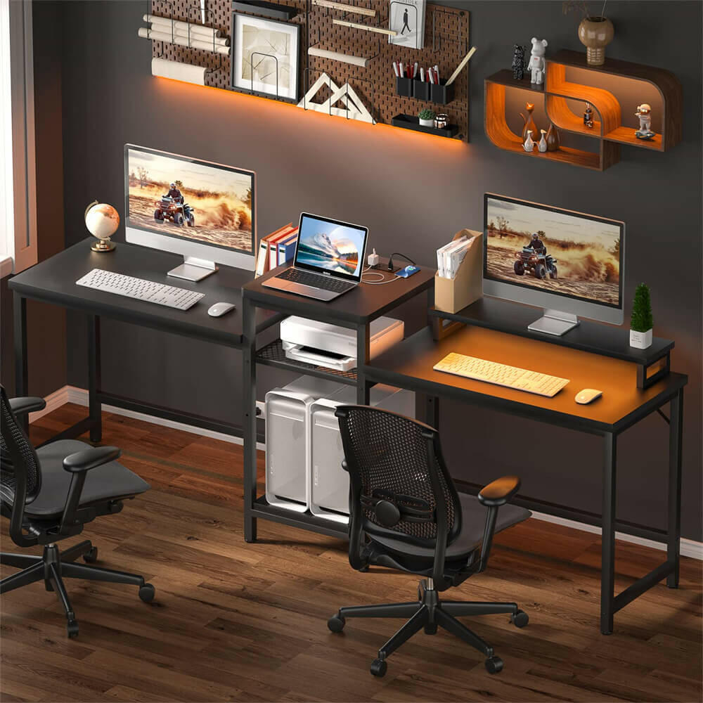 Unikito Double Desk with LED Light and Power Outlet, Double Computer Desks with Monitor Stand and Printer Stand, Double Gaming Computer Desk, Long Gaming Desk, Home Office Work Desk