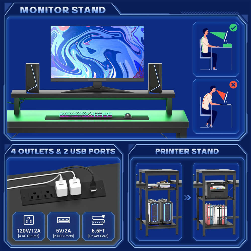 Unikito Double Desk with LED Light and Power Outlet, Double Computer Desks with Monitor Stand and Printer Stand, Double Gaming Computer Desk, Long Gaming Desk, Home Office Work Desk