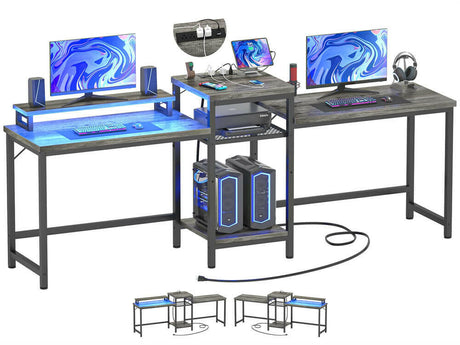 Unikito Double Desk with LED Light and Power Outlet, Double Computer Desks with Monitor Stand and Printer Stand, Double Gaming Computer Desk, Long Gaming Desk, Home Office Work Desk