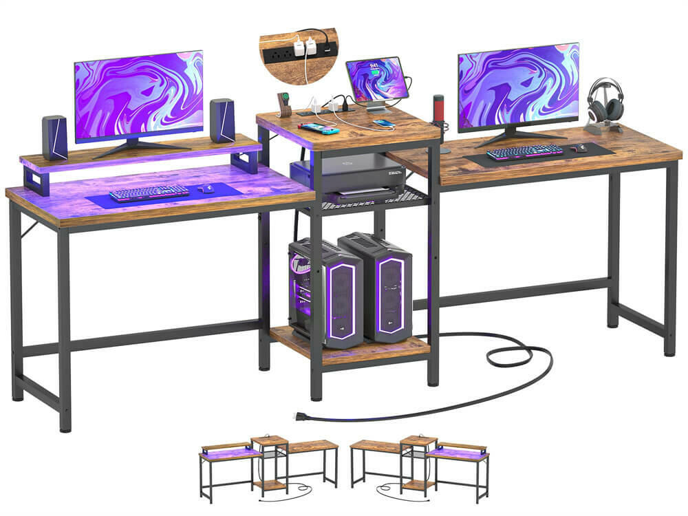 Unikito Double Desk with LED Light and Power Outlet, Double Computer Desks with Monitor Stand and Printer Stand, Double Gaming Computer Desk, Long Gaming Desk, Home Office Work Desk