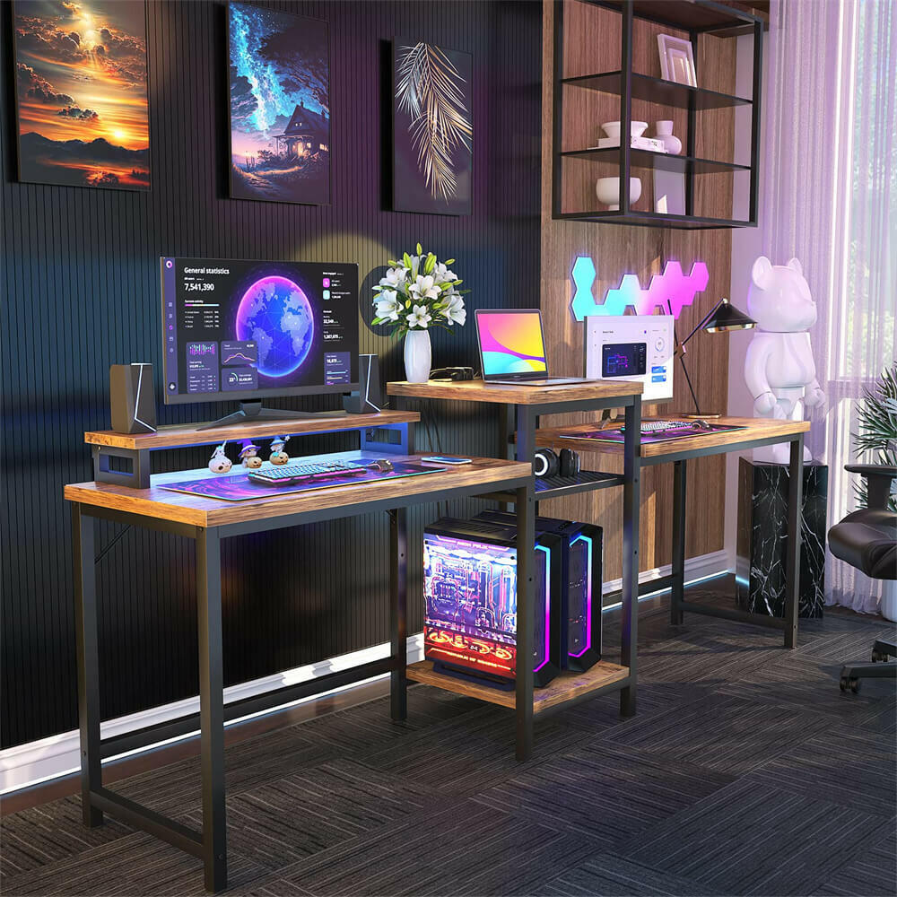 Unikito Double Desk with LED Light and Power Outlet, Double Computer Desks with Monitor Stand and Printer Stand, Double Gaming Computer Desk, Long Gaming Desk, Home Office Work Desk