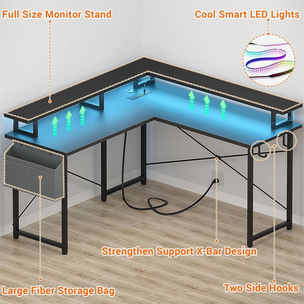 Unikito L Shaped Desk with Monitor Stand, 47'' Reversible L-Shaped Gaming Desk with Storage Shelves, Ergonomic Corner Computer Desk with Power Outlet and LED Lights for Home Office