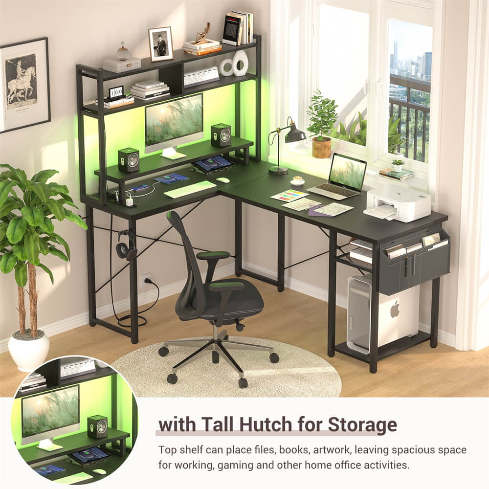 Unikito L Shaped Computer Desk with Hutch, Reversible Gaming Desk with Monitor Stand & Storage Shelf, Corner Desks Home Office Desk with Power Outlets & LED Lights