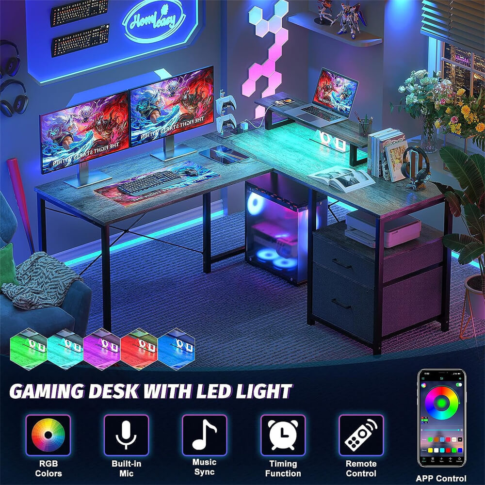Unikito L Shaped Desk with Power Outlet and LED Lights, Reversible Corner Computer Desk with Drawers and Storage Shelf, Ergonomic L-Shaped Gaming Desk with Monitor Stand for Home Office