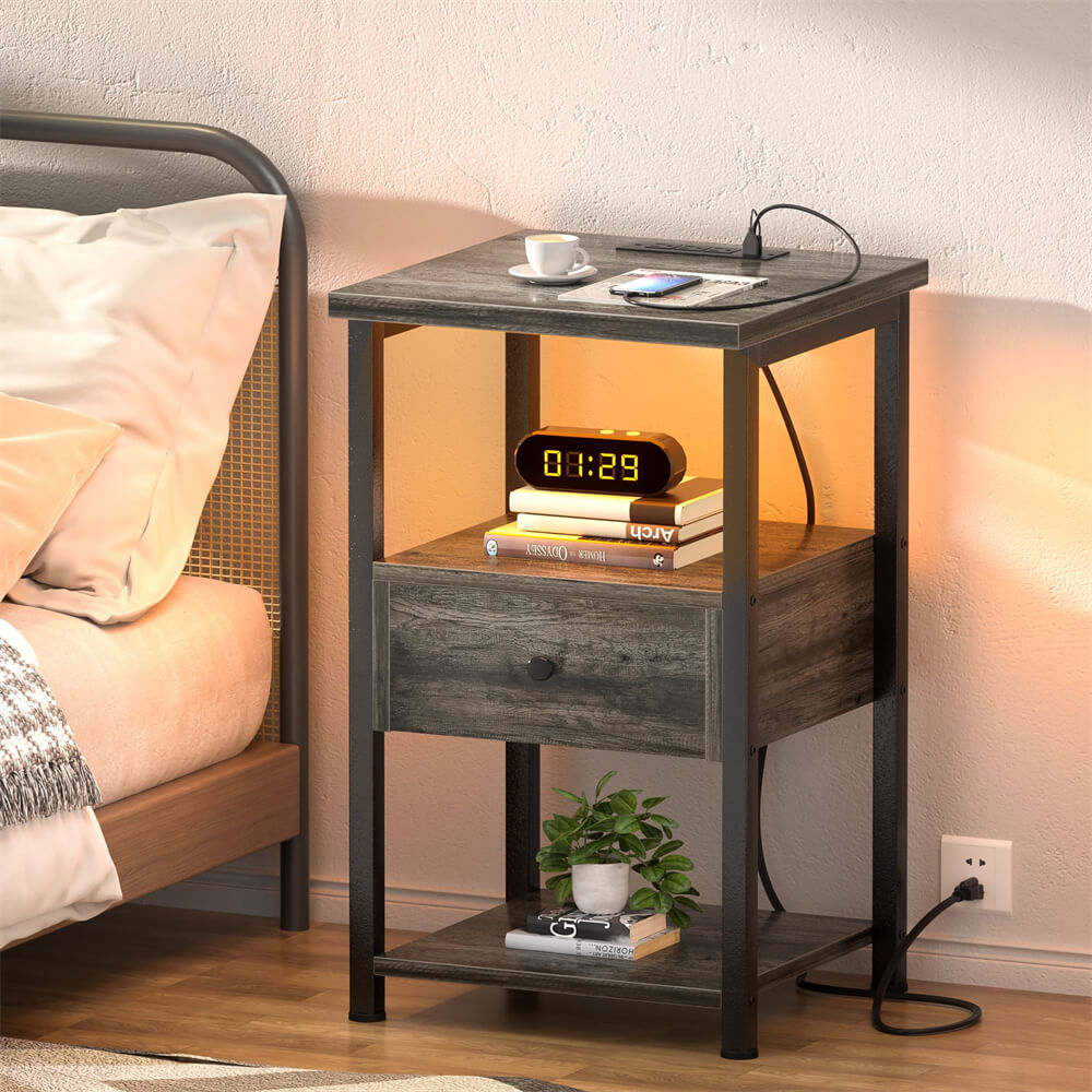 Unikito Nightstand Set of 2 with Charging Station, End Table Bedside Table with LED Lights, Modern Nightstands with Drawers and Storage Shelf, Wood Night Stands for Bedroom, Living Room