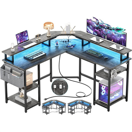Unikito L Shaped Desk with Power Outlet and USB Ports, 55" Reversible Gaming Desk with Monitor Stand and LED Light, Corner Computer Desk with Storage Shelf