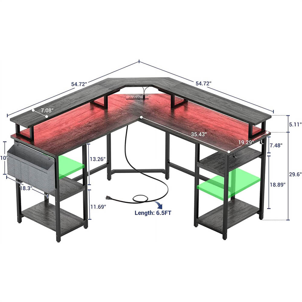 Unikito L Shaped Desk with Power Outlet and USB Ports, 55" Reversible Gaming Desk with Monitor Stand and LED Light, Corner Computer Desk with Storage Shelf