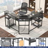 Unikito L Shaped Desk with Power Outlet and USB Ports, 55" Reversible Gaming Desk with Monitor Stand and LED Light, Corner Computer Desk with Storage Shelf