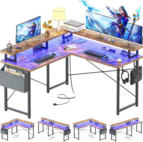 Unikito L Shaped Desk with Monitor Stand, 47'' Reversible L-Shaped Gaming Desk with Storage Shelves, Ergonomic Corner Computer Desk with Power Outlet and LED Lights for Home Office