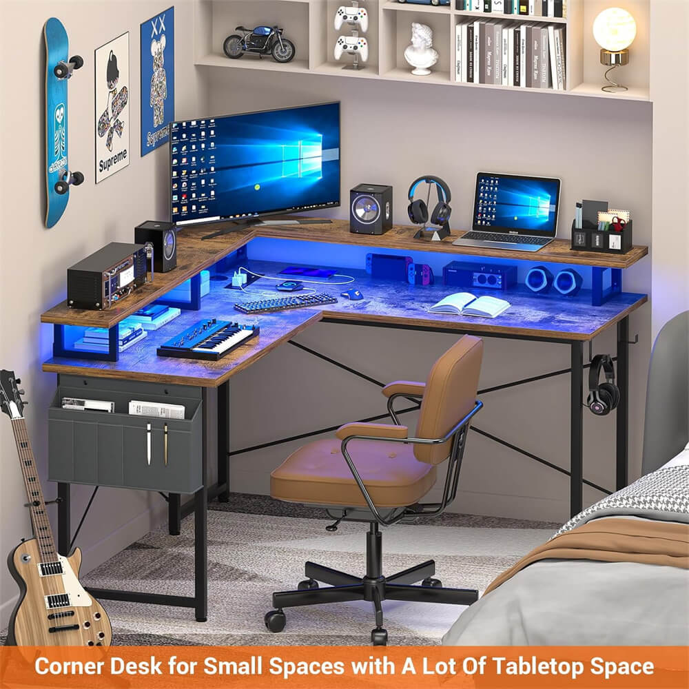 Unikito L Shaped Desk with Monitor Stand, 47'' Reversible L-Shaped Gaming Desk with Storage Shelves, Ergonomic Corner Computer Desk with Power Outlet and LED Lights for Home Office