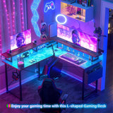 Unikito L Shaped Desk with Monitor Stand, 47'' Reversible L-Shaped Gaming Desk with Storage Shelves, Ergonomic Corner Computer Desk with Power Outlet and LED Lights for Home Office