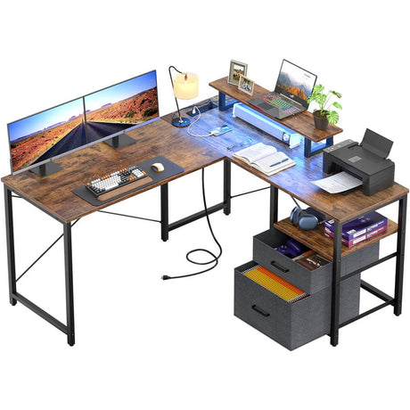 Unikito L Shaped Desk with Power Outlet and LED Lights, Reversible Corner Computer Desk with Drawers and Storage Shelf, Ergonomic L-Shaped Gaming Desk with Monitor Stand for Home Office