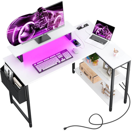 Unikito L Shaped Desk with Power Outlet & USB Port, 47 Inch Reversible Small Desk with LED Strip & Monitor Stand, Corner Computer Desk Writing Desk with Storage Shelves