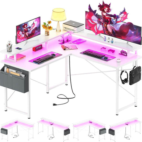 Unikito L Shaped Desk with Monitor Stand, 47'' Reversible L-Shaped Gaming Desk with Storage Shelves, Ergonomic Corner Computer Desk with Power Outlet and LED Lights for Home Office