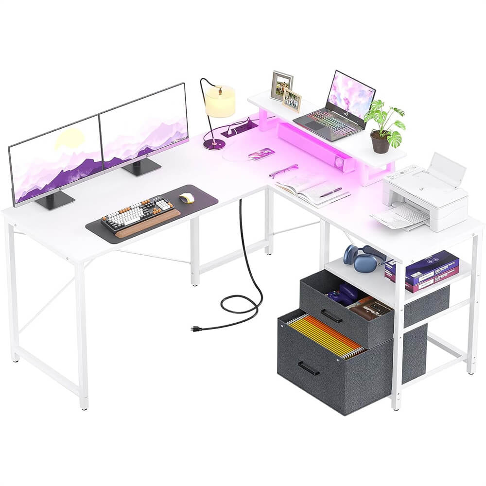 Unikito L Shaped Desk with Power Outlet and LED Lights, Reversible Corner Computer Desk with Drawers and Storage Shelf, Ergonomic L-Shaped Gaming Desk with Monitor Stand for Home Office